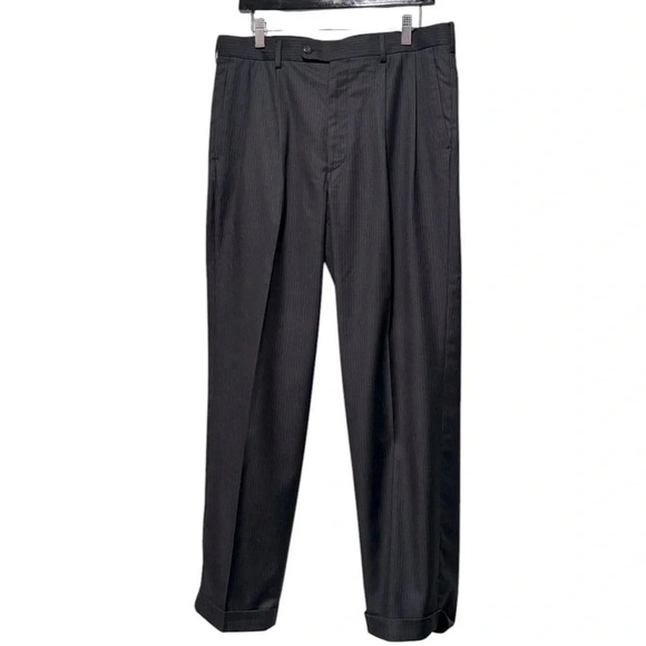 🍀2/$22 Axist 34x32 Pleated Front Pinstriped Cuffed Hem Black Dress Pants Mens - Picture 2 of 12